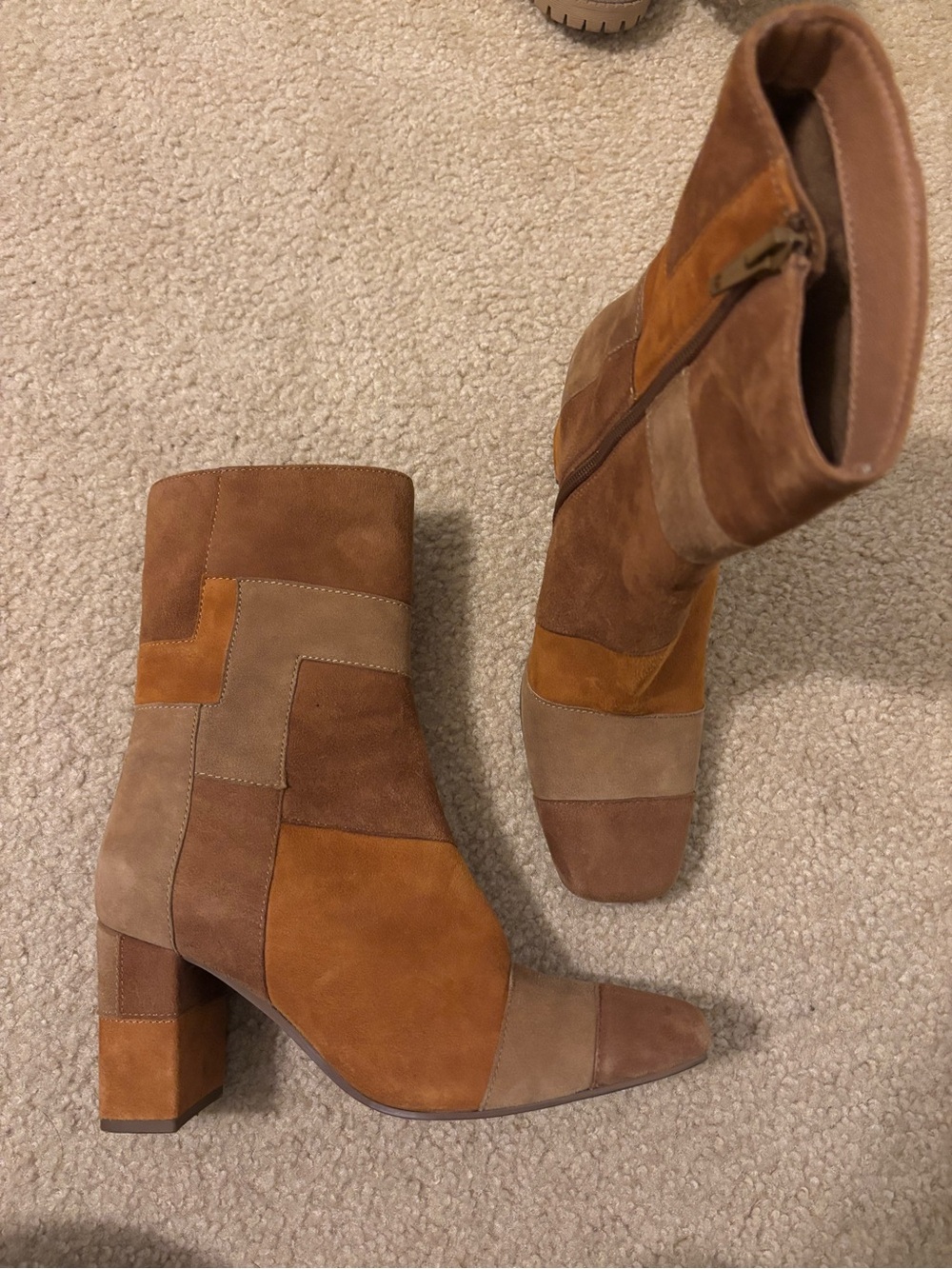 Seychelles Patchwork Suede Ankle Boots in Brown and Tan